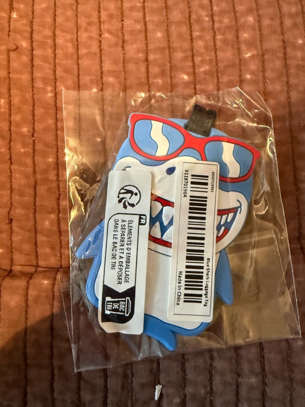 Blue Shark Luggage Tag with Red Sunglasses